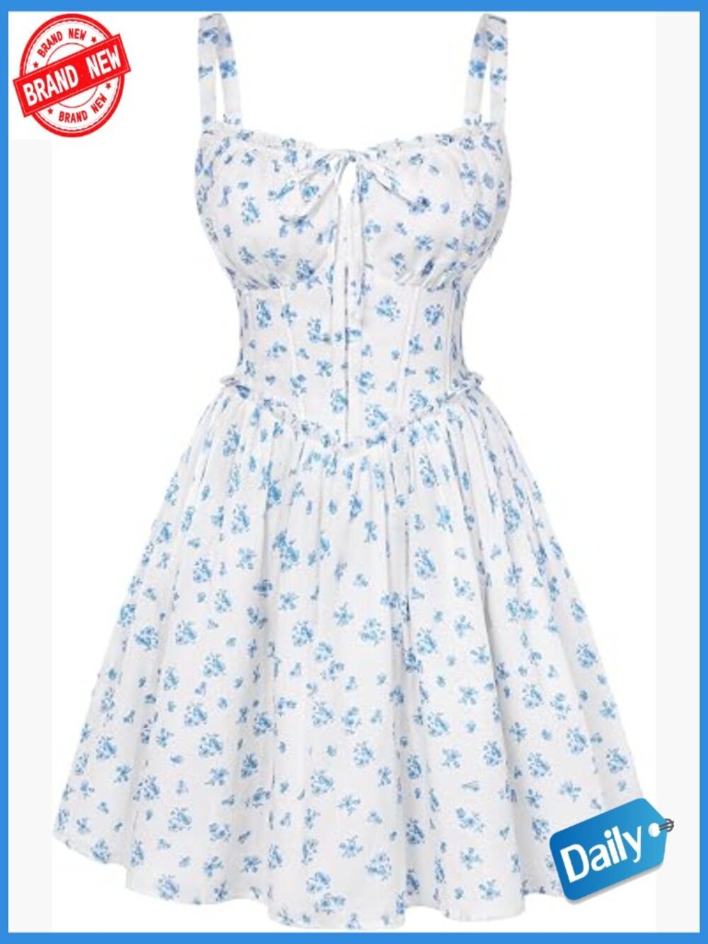 Floral Corset Dress Lace Up Mini Sundress with Pockets